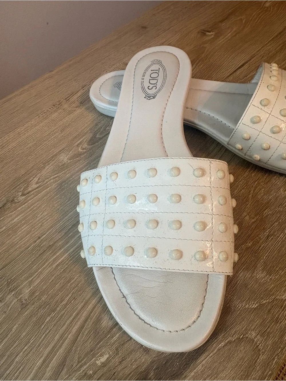 Tod’s White Patent Leather Gommino Stud Slide Sandals Women’s EU 37.5